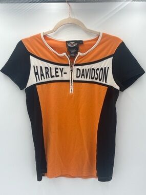 Harley-Davidson Embroidered Logo Zip Neck Tee Orange Black M